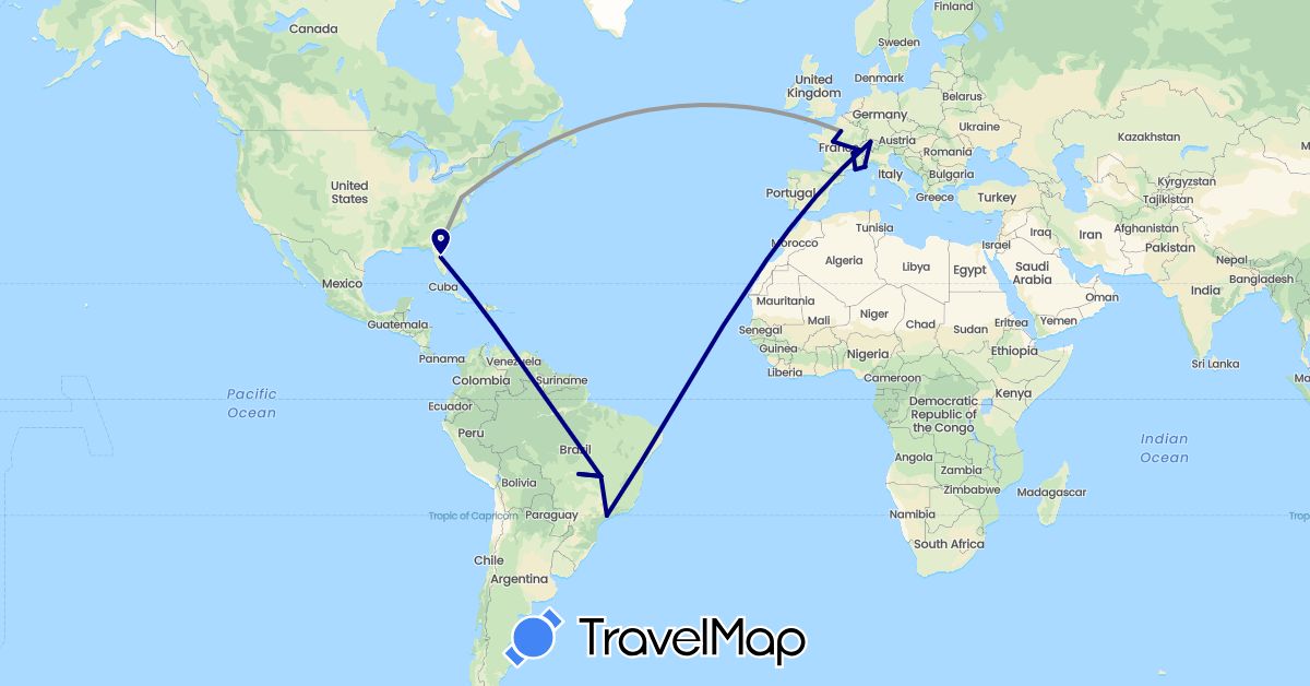 TravelMap itinerary: driving, plane in Brazil, Switzerland, France, Monaco, United States (Europe, North America, South America)